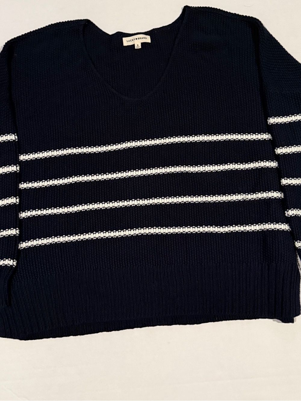Lucky Brand Navy and White Striped V-Neck Sweater Slouchy Relaxed Nautical